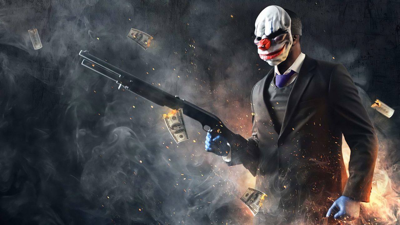 Обои payday 2, Получки Ограбление, steam, компьютерная игра, суперзлодей в разрешении 1280x720