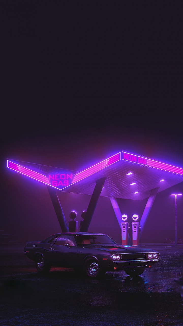 Обои ночь, легковые автомобили, автомобильное освещение, пурпур, капюшон в разрешении 720x1280