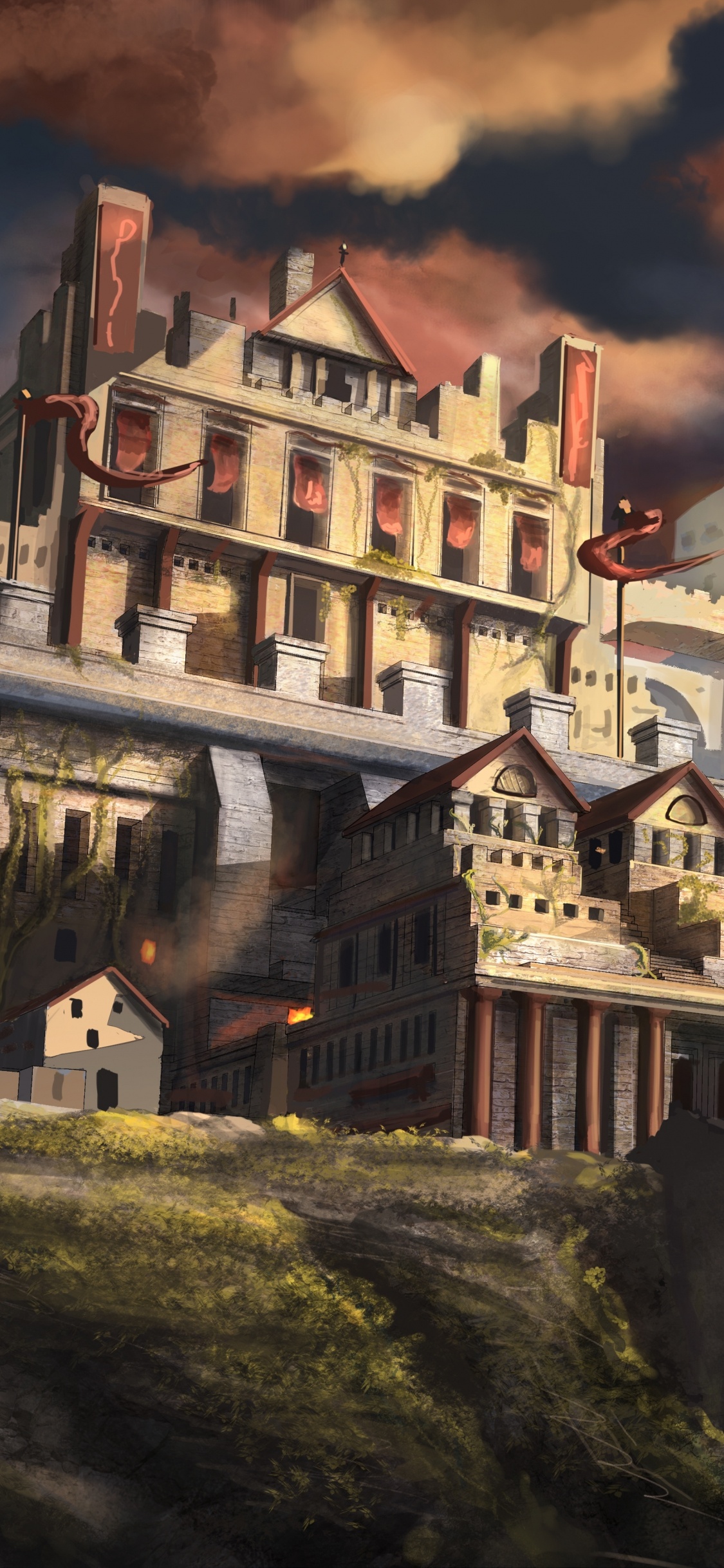 Обои арт, замок, живопись, пейзаж, столица в разрешении 1125x2436