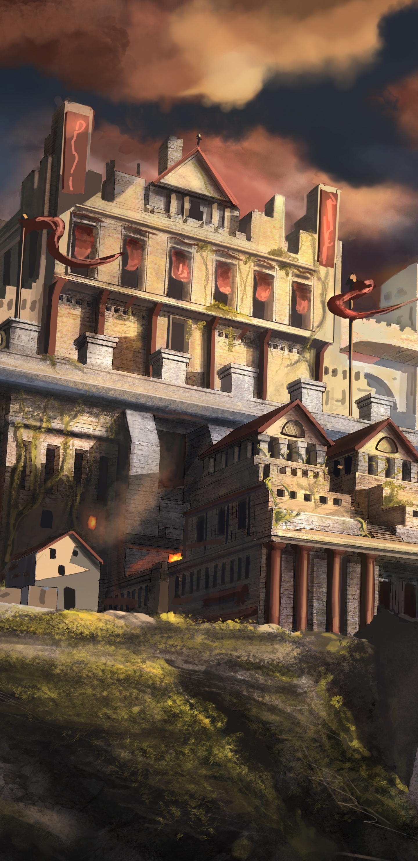 Обои арт, замок, живопись, пейзаж, столица в разрешении 1440x2960