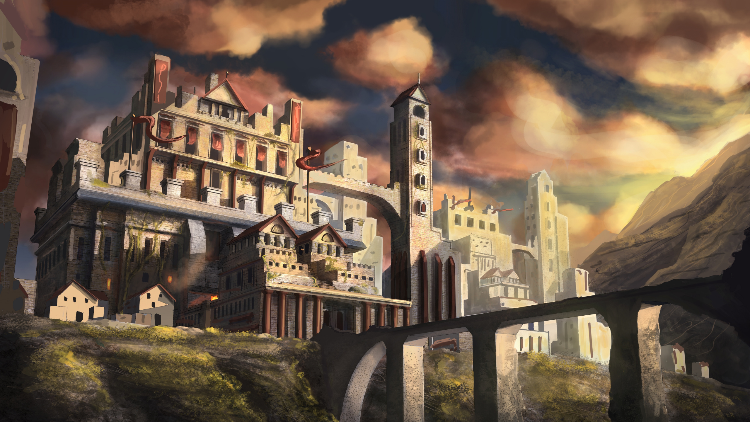 Обои арт, замок, живопись, пейзаж, столица в разрешении 2560x1440