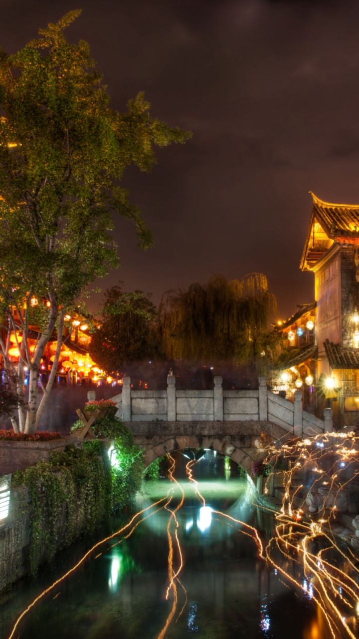 Обои ночь, освещение, городок, отражение, дерево в разрешении 720x1280