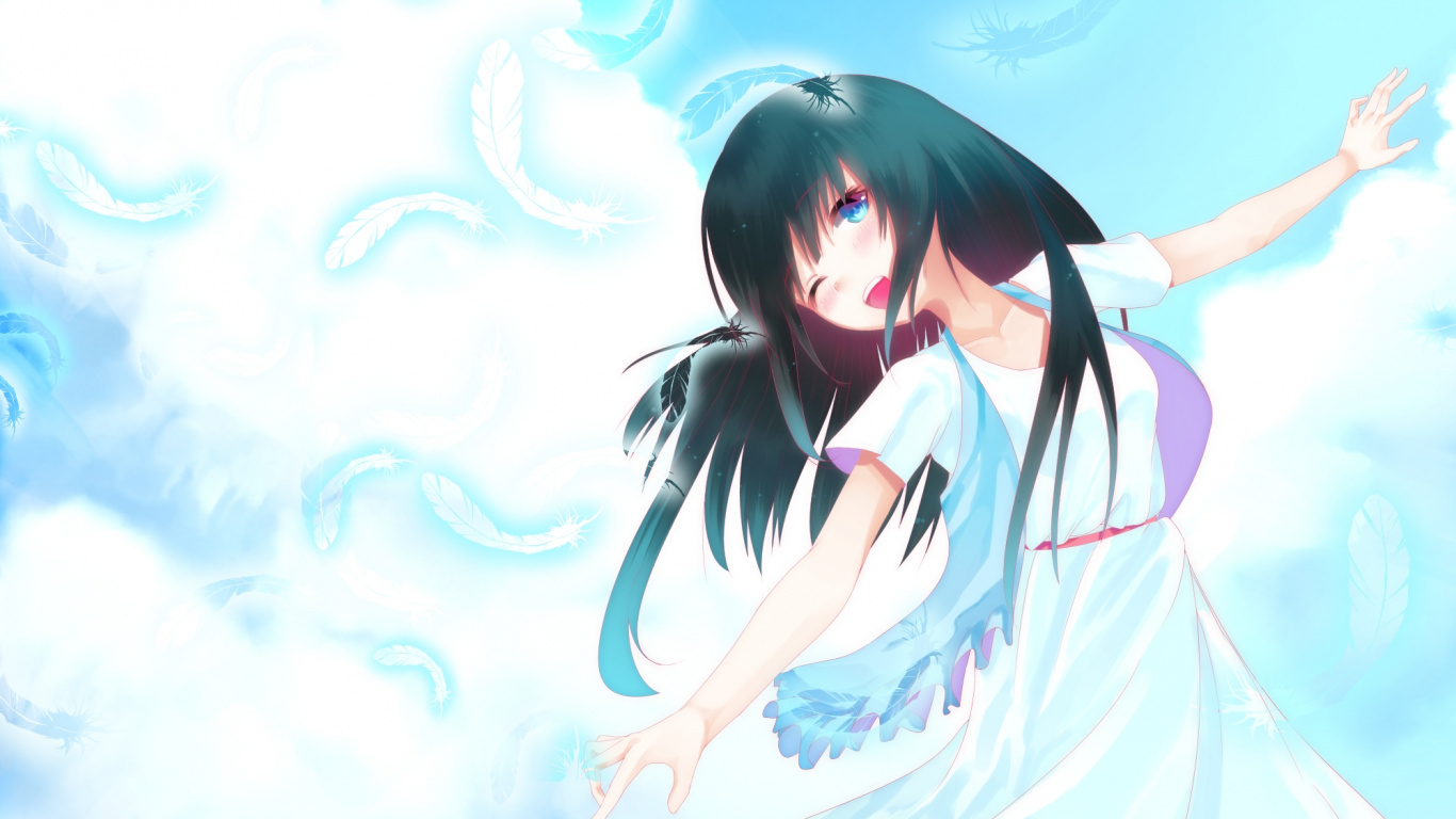 Обои аниме, длинные волосы, прохлада, синий, небо в разрешении 1366x768