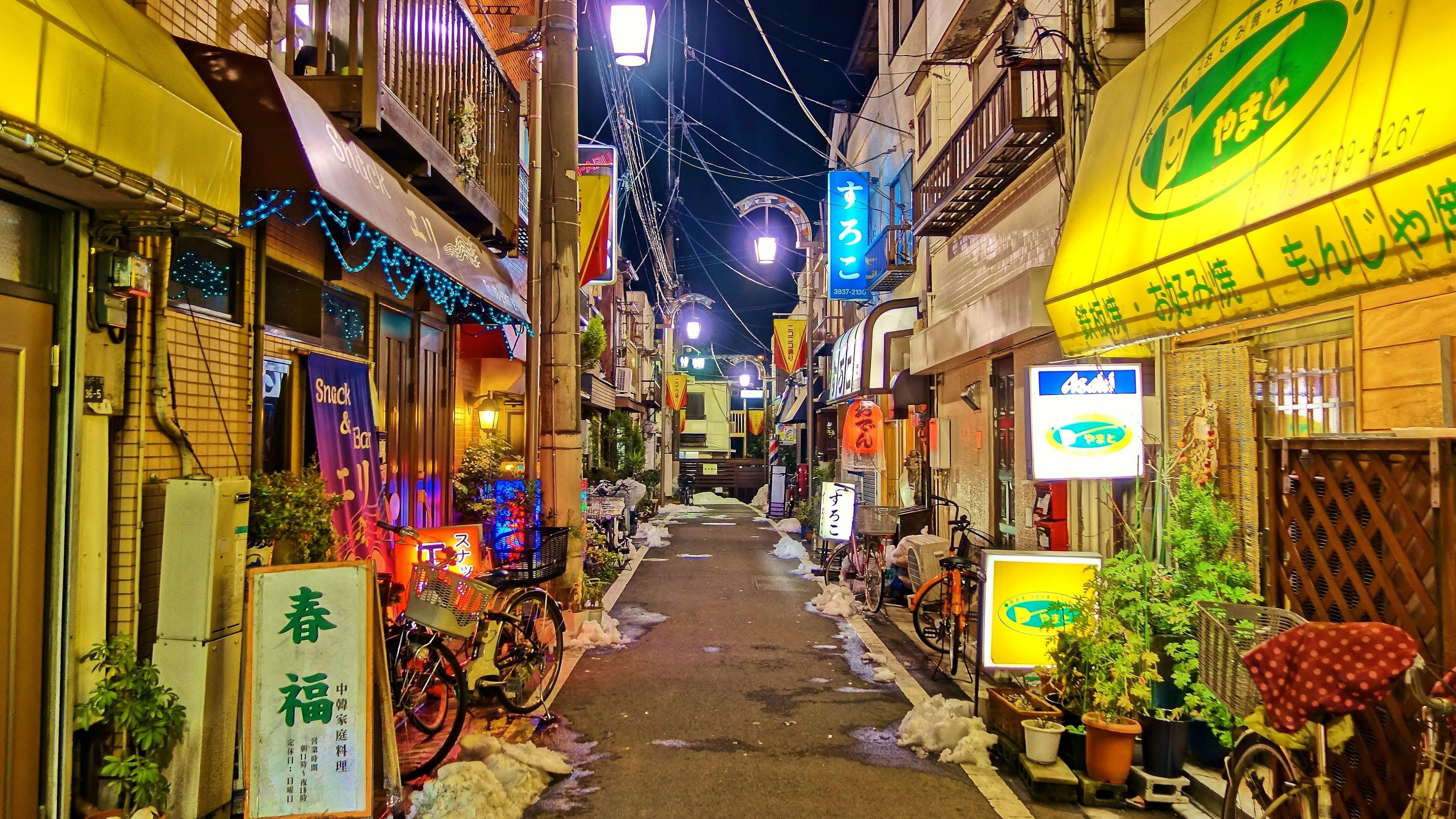 Обои японский пейзаж, городской пейзаж, ночь, улица, городок в разрешении 3840x2160