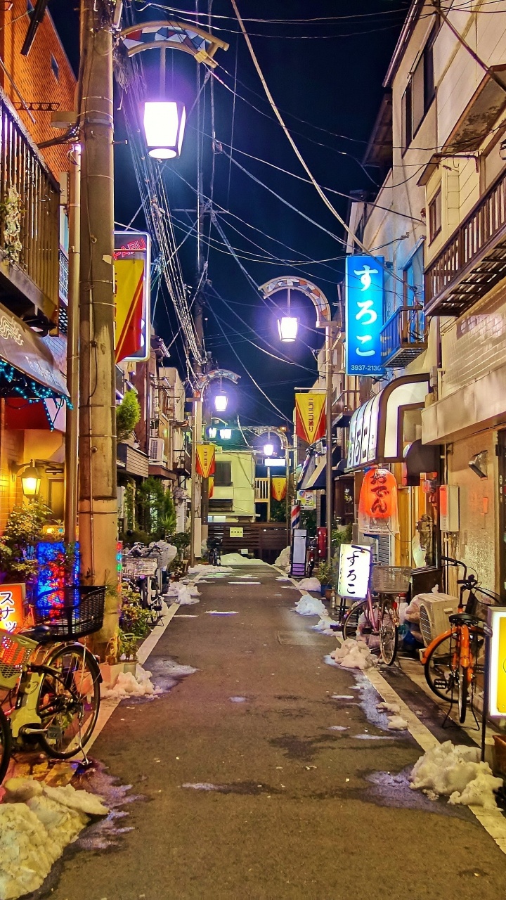 Обои японский пейзаж, городской пейзаж, ночь, улица, городок в разрешении 720x1280