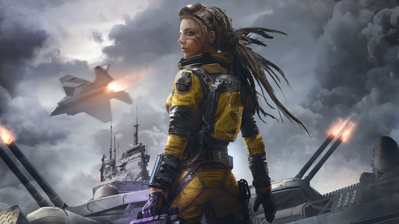 Обои воин девушки солдат, арт, произведение искусства, облако, верхняя одежда в разрешении 1366x768