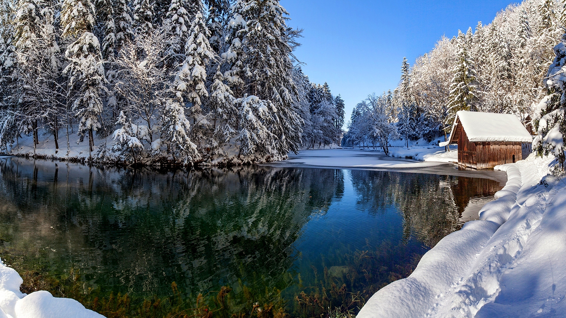 Обои снег, зима, природа, вода, отражение в разрешении 1920x1080
