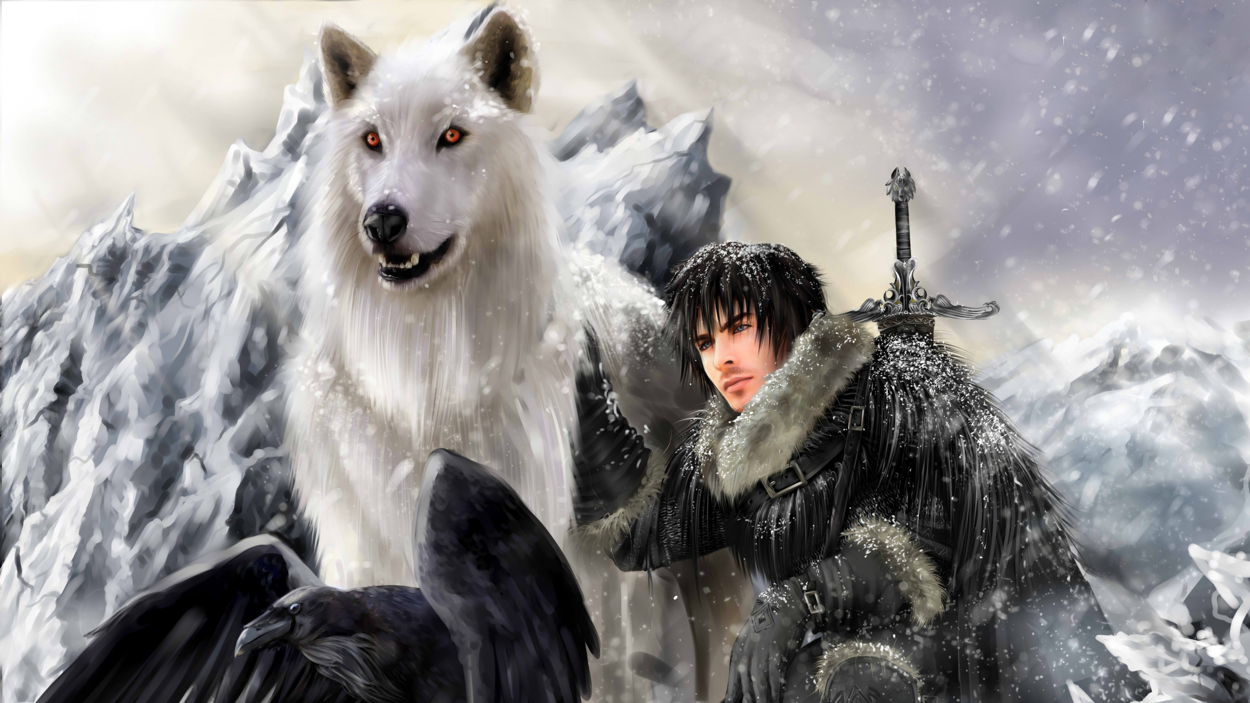 Обои Игра престолов, Джон Сноу, Песнь льда и огня, дейенерис таргариен, волк в разрешении 2560x1440