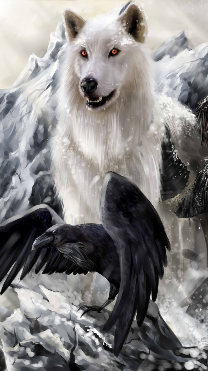 Обои Игра престолов, Джон Сноу, Песнь льда и огня, дейенерис таргариен, волк в разрешении 720x1280