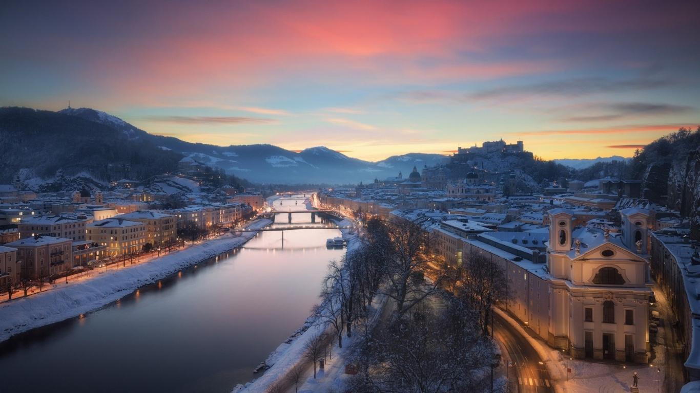 Обои зима, вечер, утро, закат, сумрак в разрешении 1366x768