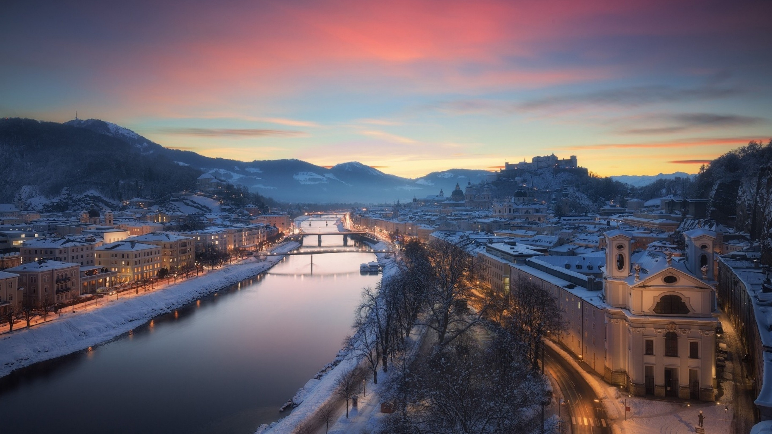 Обои зима, вечер, утро, закат, сумрак в разрешении 2560x1440