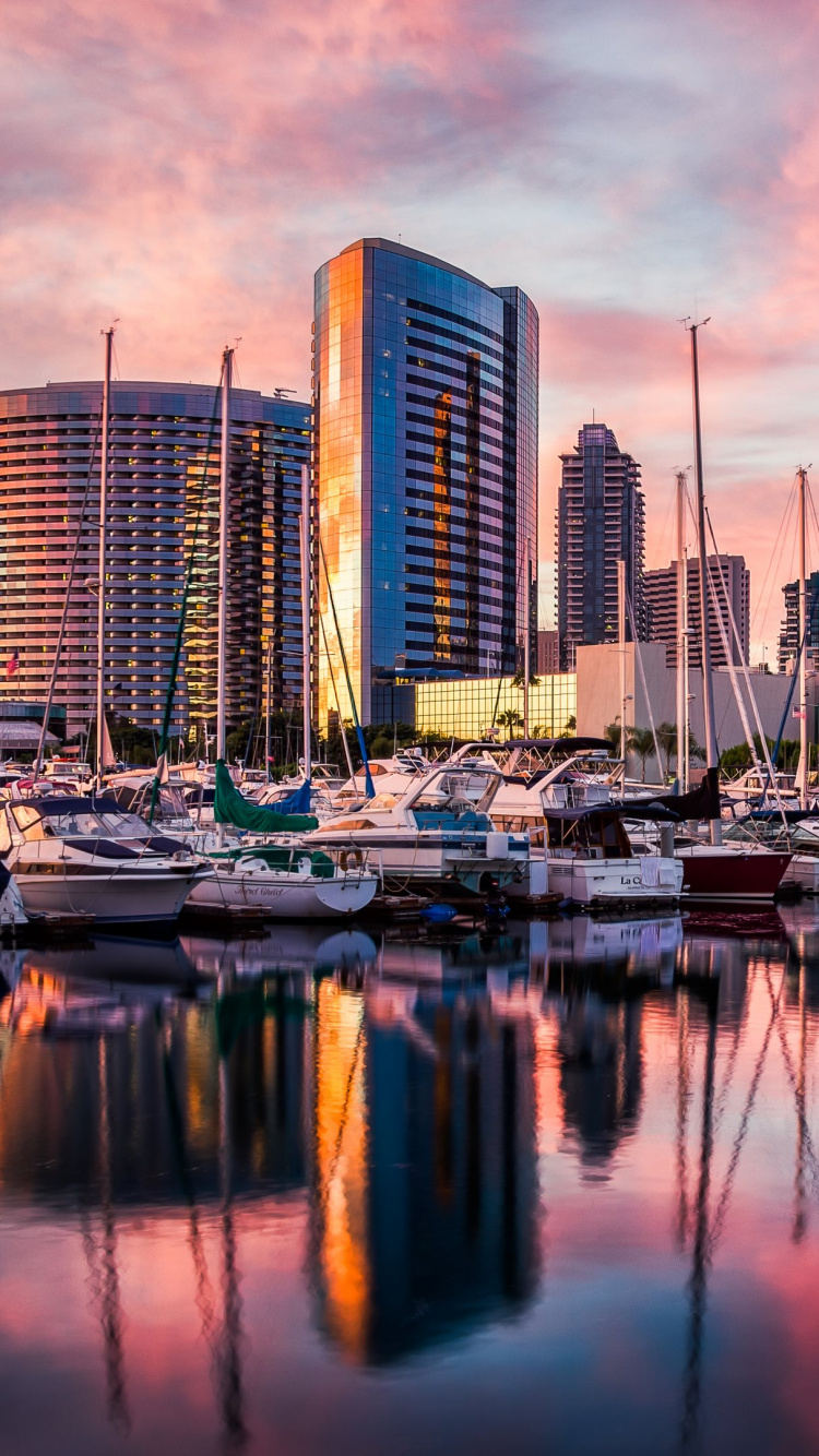 Обои городской пейзаж, город, Марина, отражение, линия горизонта в разрешении 750x1334