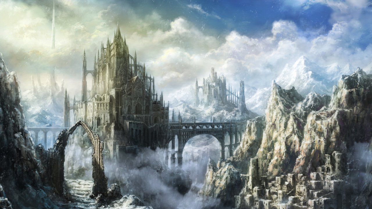 Обои замок, фэнтези, природа, живопись, акварельные краски в разрешении 1280x720