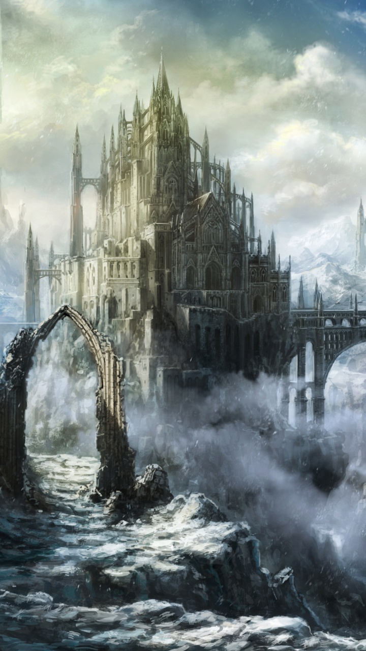 Обои замок, фэнтези, природа, живопись, акварельные краски в разрешении 720x1280