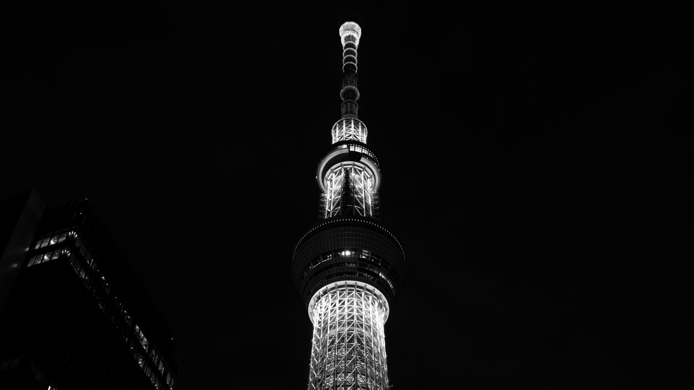 Обои Токио, вышка, ночь, черный и белый, черный в разрешении 1366x768