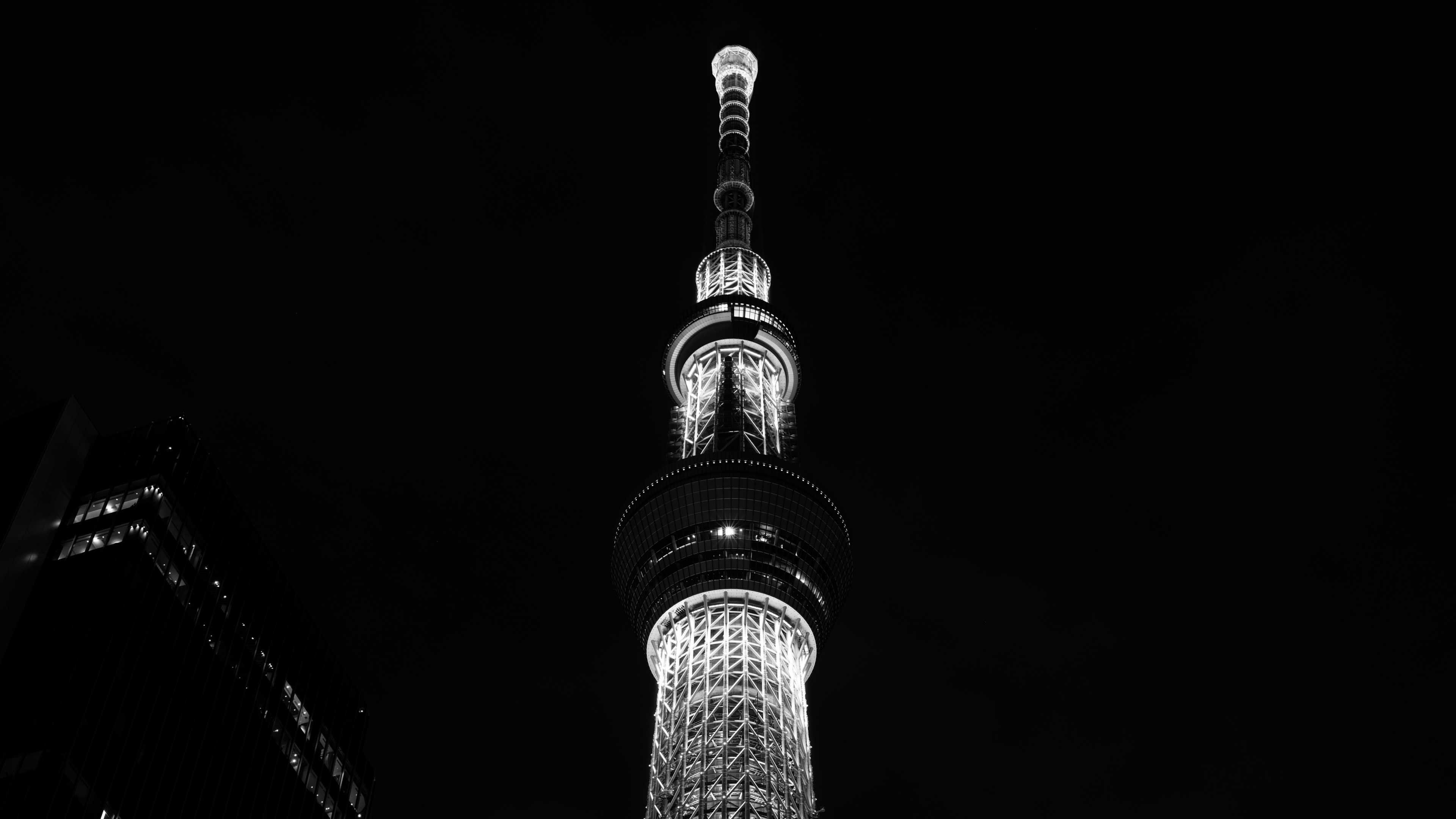 Обои Токио, вышка, ночь, черный и белый, черный в разрешении 3840x2160