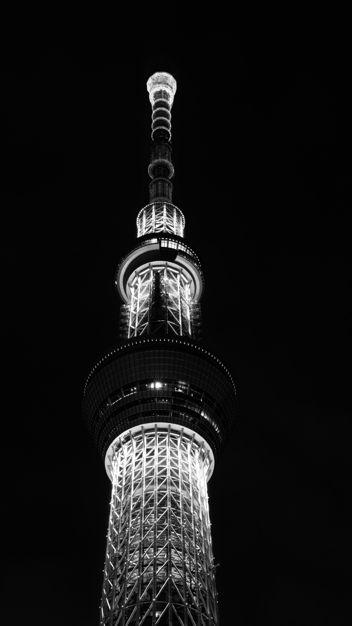 Обои Токио, вышка, ночь, черный и белый, черный в разрешении 720x1280