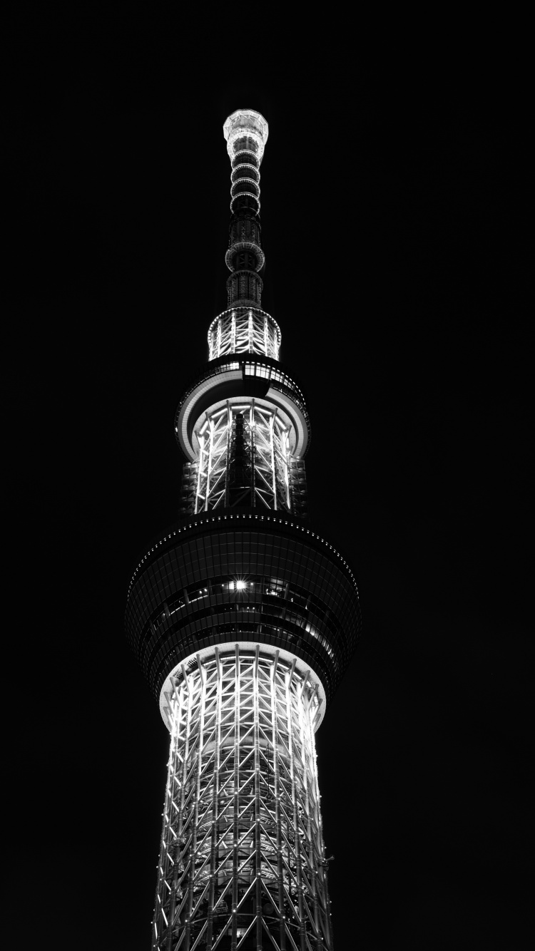 Обои Токио, вышка, ночь, черный и белый, черный в разрешении 750x1334