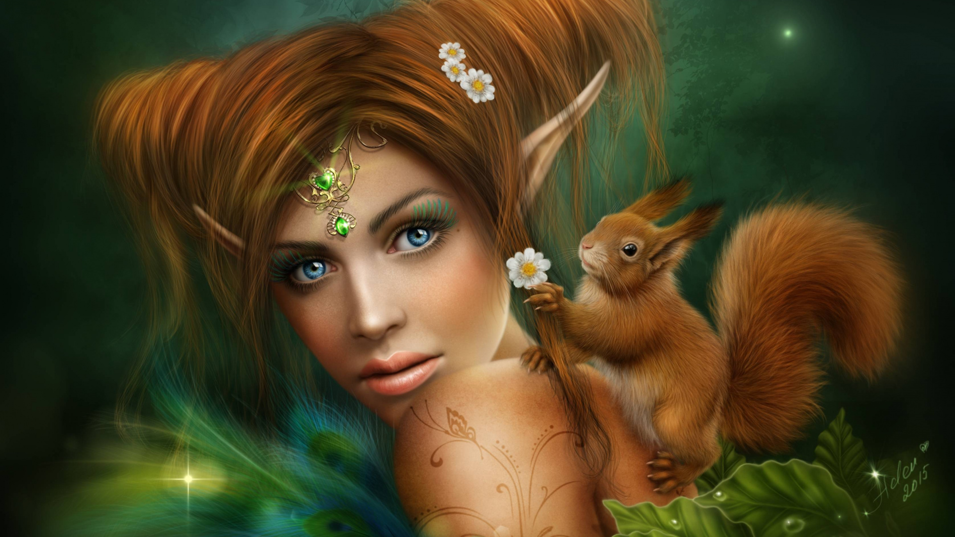 Обои эльф, фантастическое искусство, фэнтези, белка, мир фантазий в разрешении 1920x1080