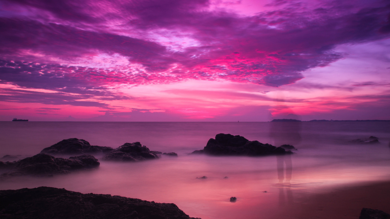 Обои горизонт, океан, розовый, небо, облако в разрешении 1280x720