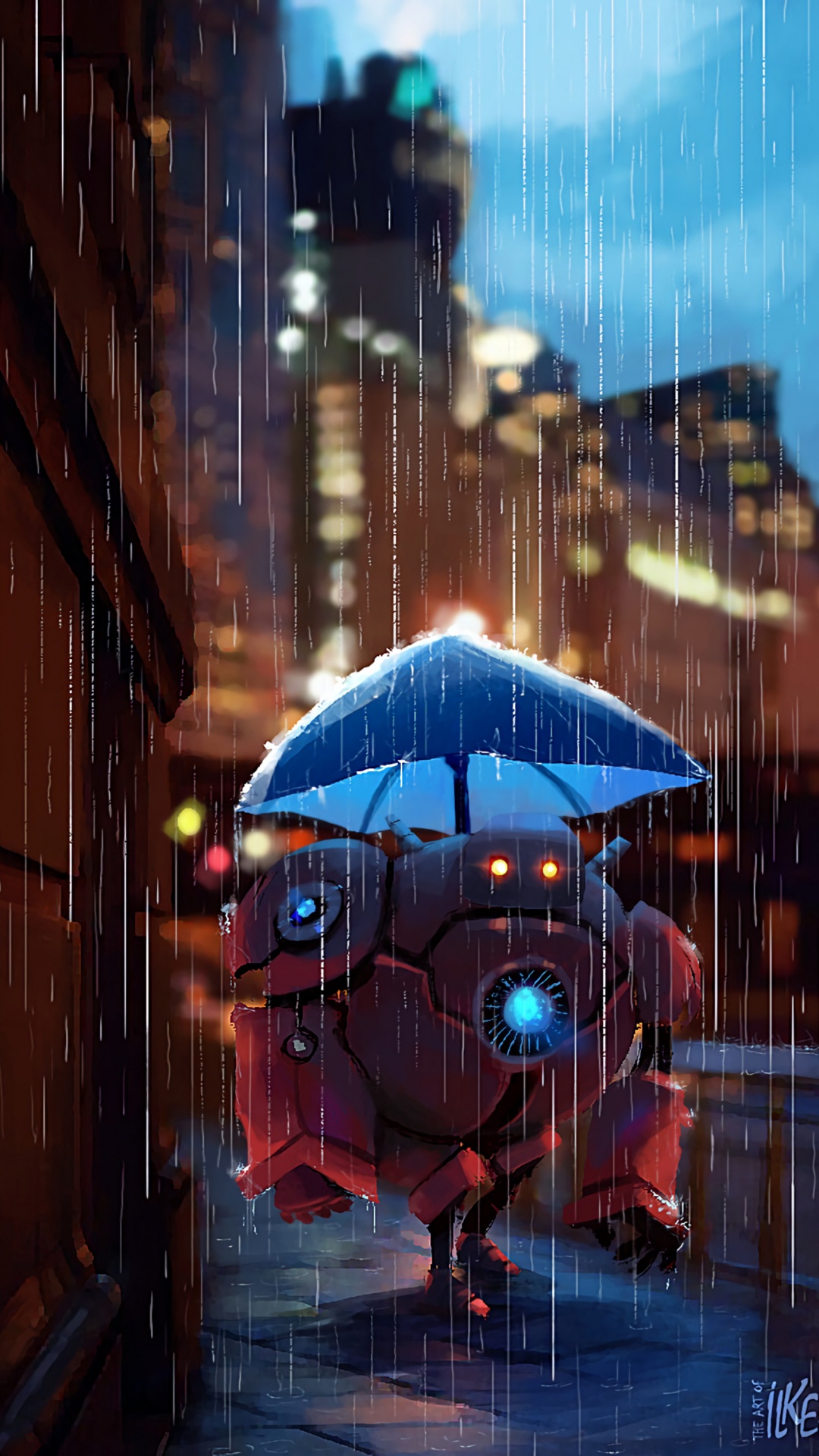Обои арт, синий, зонтик, дождь, городской район в разрешении 1080x1920