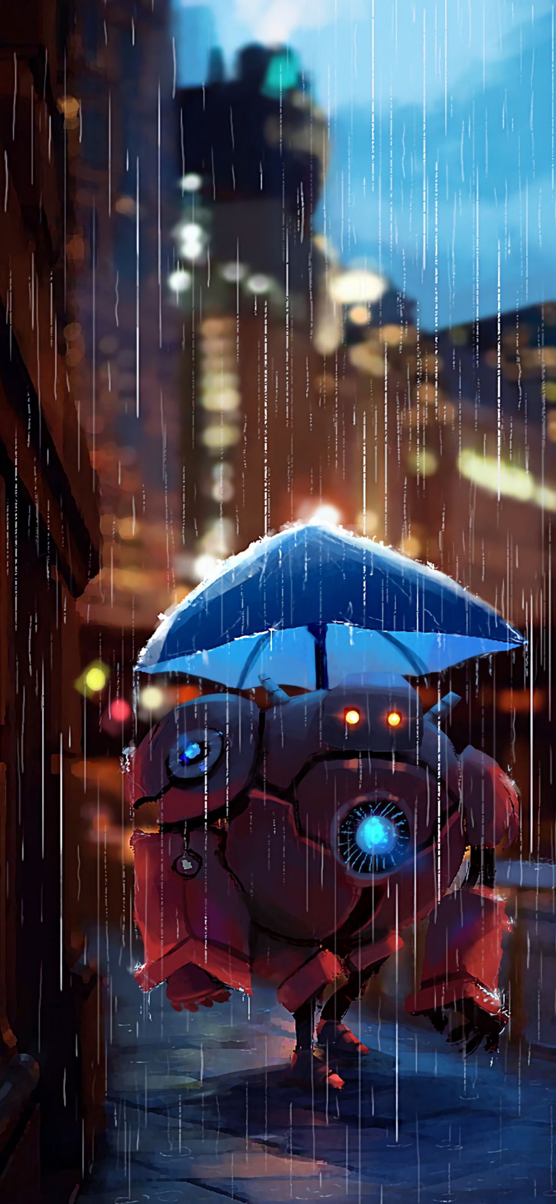 Обои арт, синий, зонтик, дождь, городской район в разрешении 1125x2436