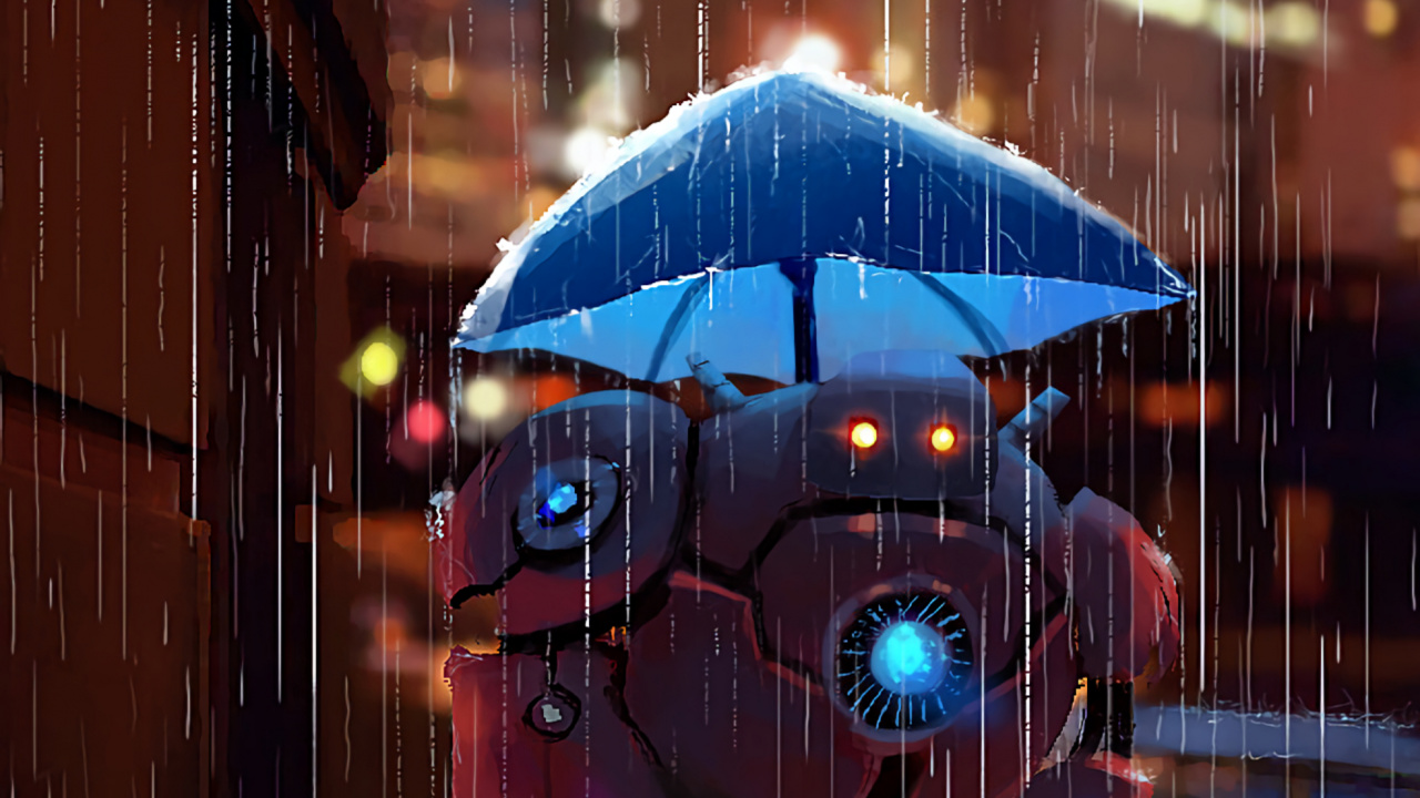 Обои арт, синий, зонтик, дождь, городской район в разрешении 1280x720