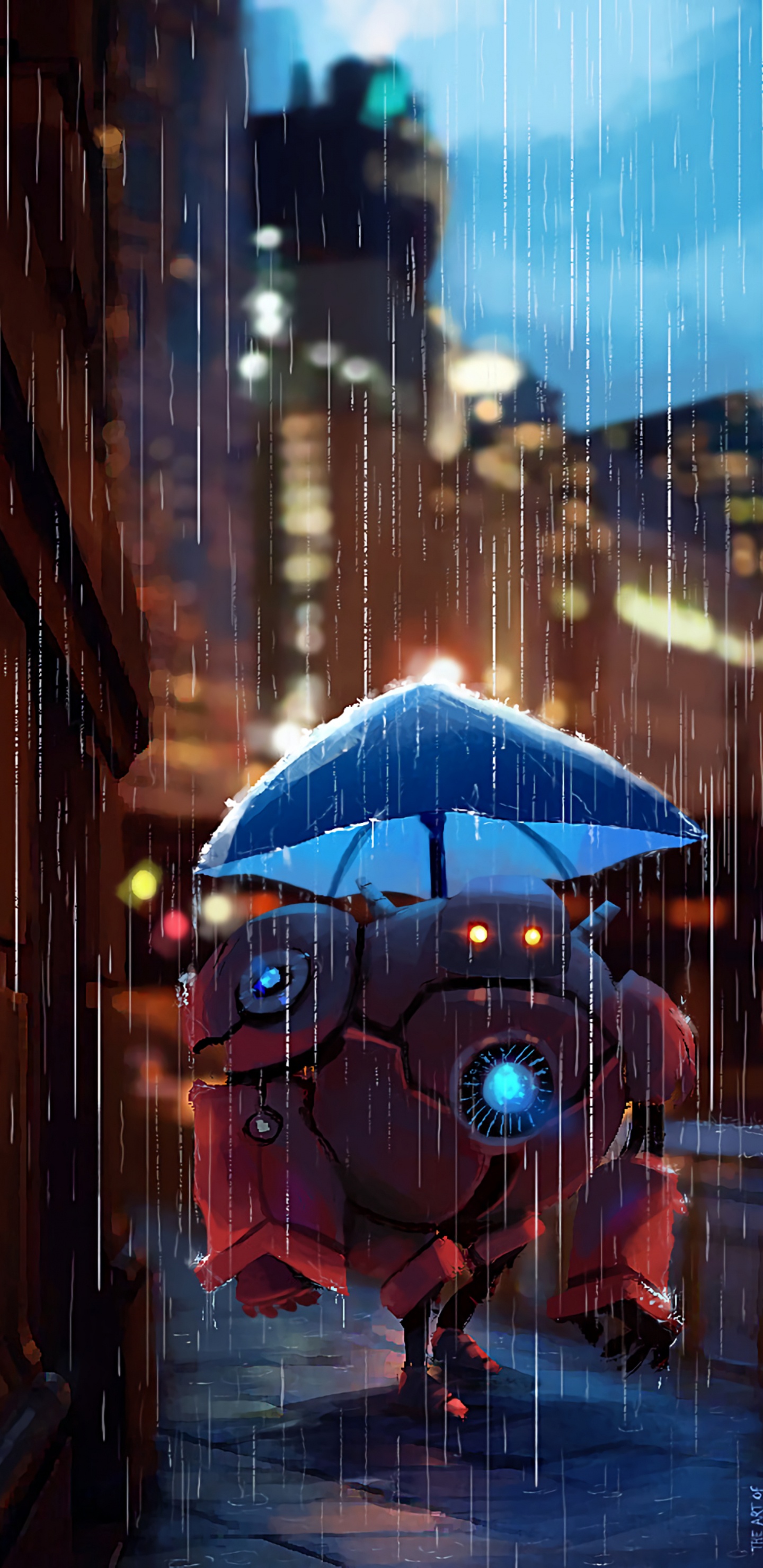 Обои арт, синий, зонтик, дождь, городской район в разрешении 1440x2960