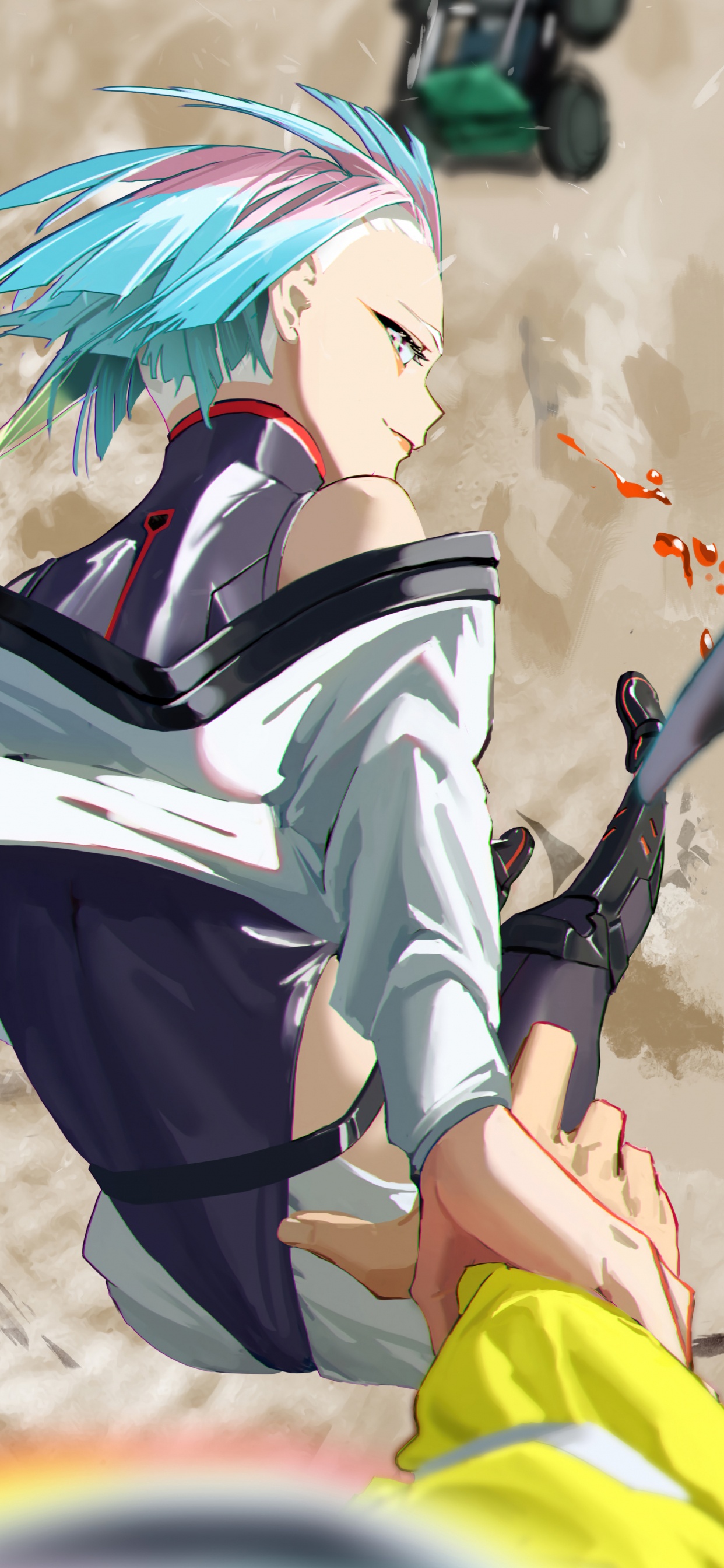 Обои Киберпанк, аниме, Киберпанк 2077, лазурный, арт в разрешении 1242x2688