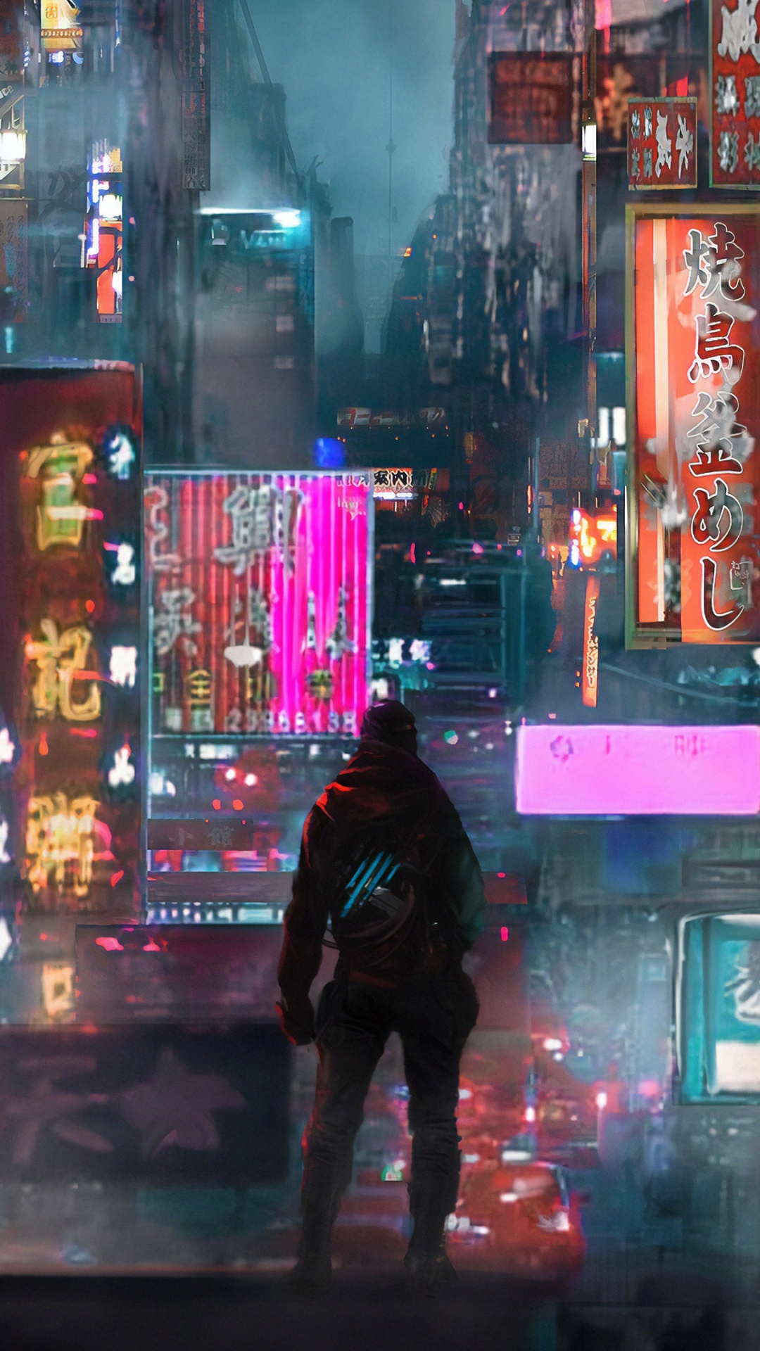 Обои здание, ночь, неоновая вывеска, артист, городской пейзаж в разрешении 1080x1920