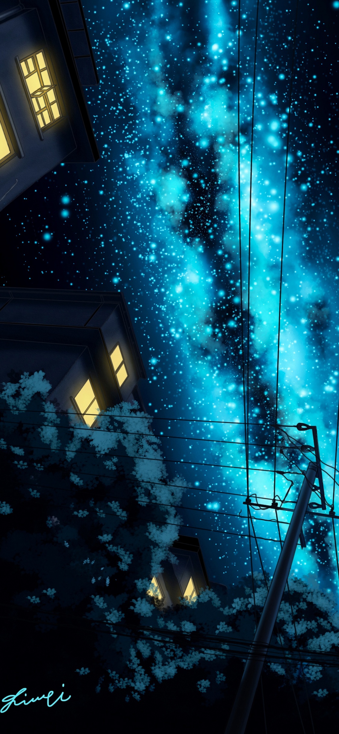 Обои иллюстрация, аниме, спецэффекты, архитектура, космос в разрешении 1125x2436