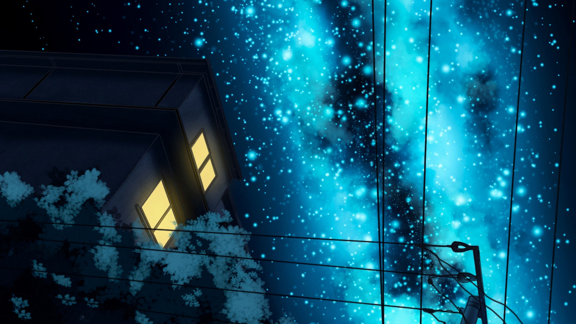 Обои иллюстрация, аниме, спецэффекты, архитектура, космос в разрешении 1920x1080