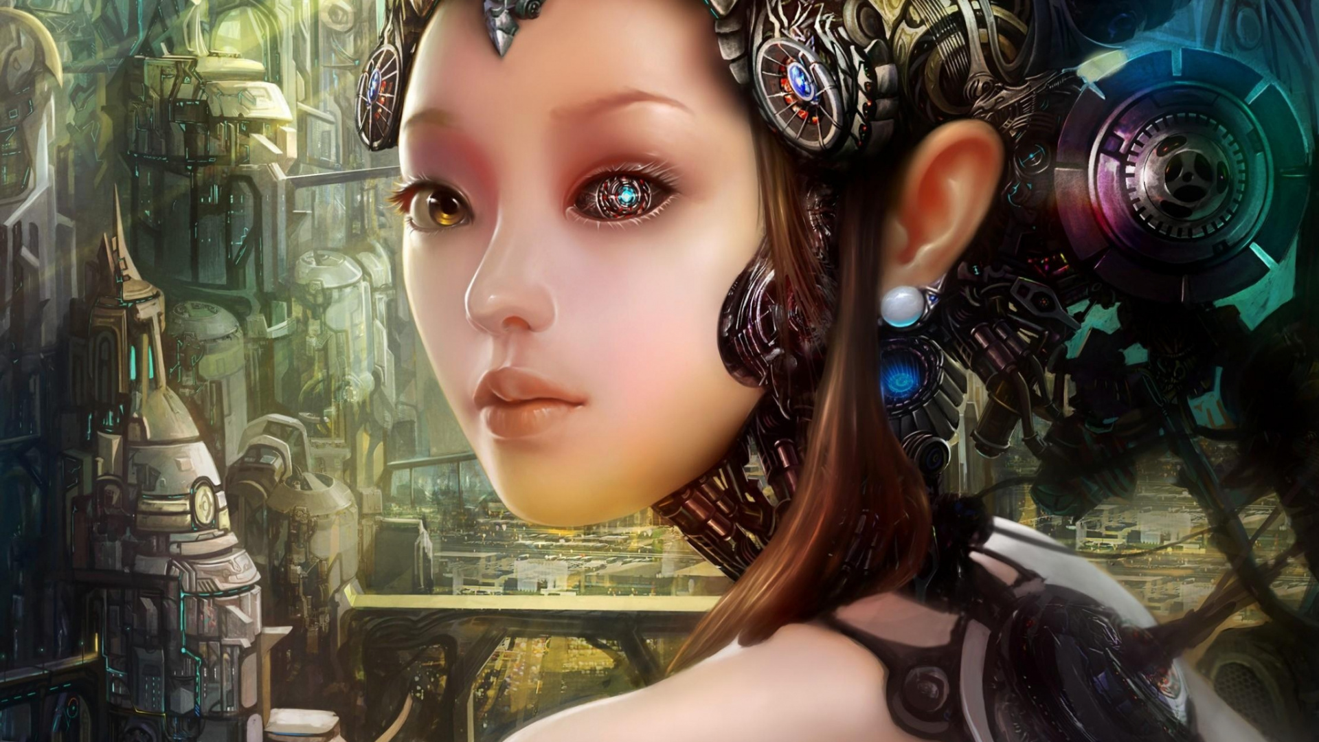 Обои киборг, робот, город, каштановые волосы, девушка в разрешении 1920x1080