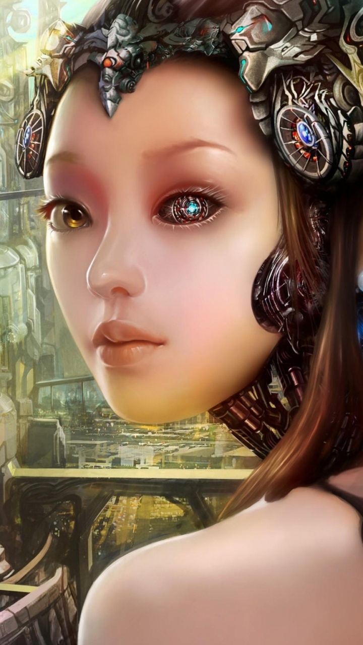 Обои киборг, робот, город, каштановые волосы, девушка в разрешении 720x1280