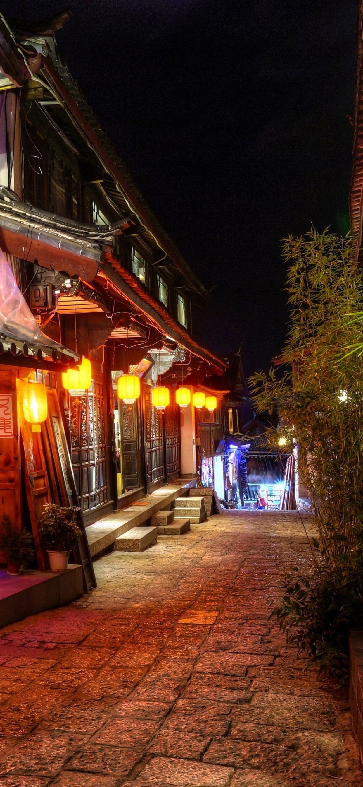 Обои ночь, городок, улица, аллея, паб в разрешении 1242x2688