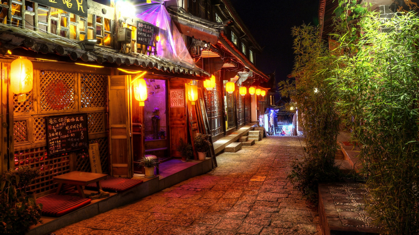 Обои ночь, городок, улица, аллея, паб в разрешении 1366x768