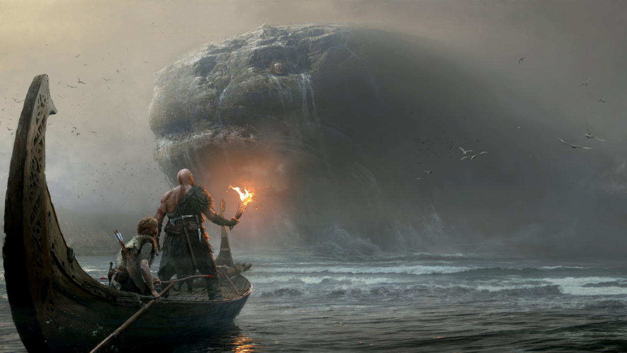 Обои jormungandr искусство, god of war, библиотека Loki, арт, концепт арт в разрешении 1280x720