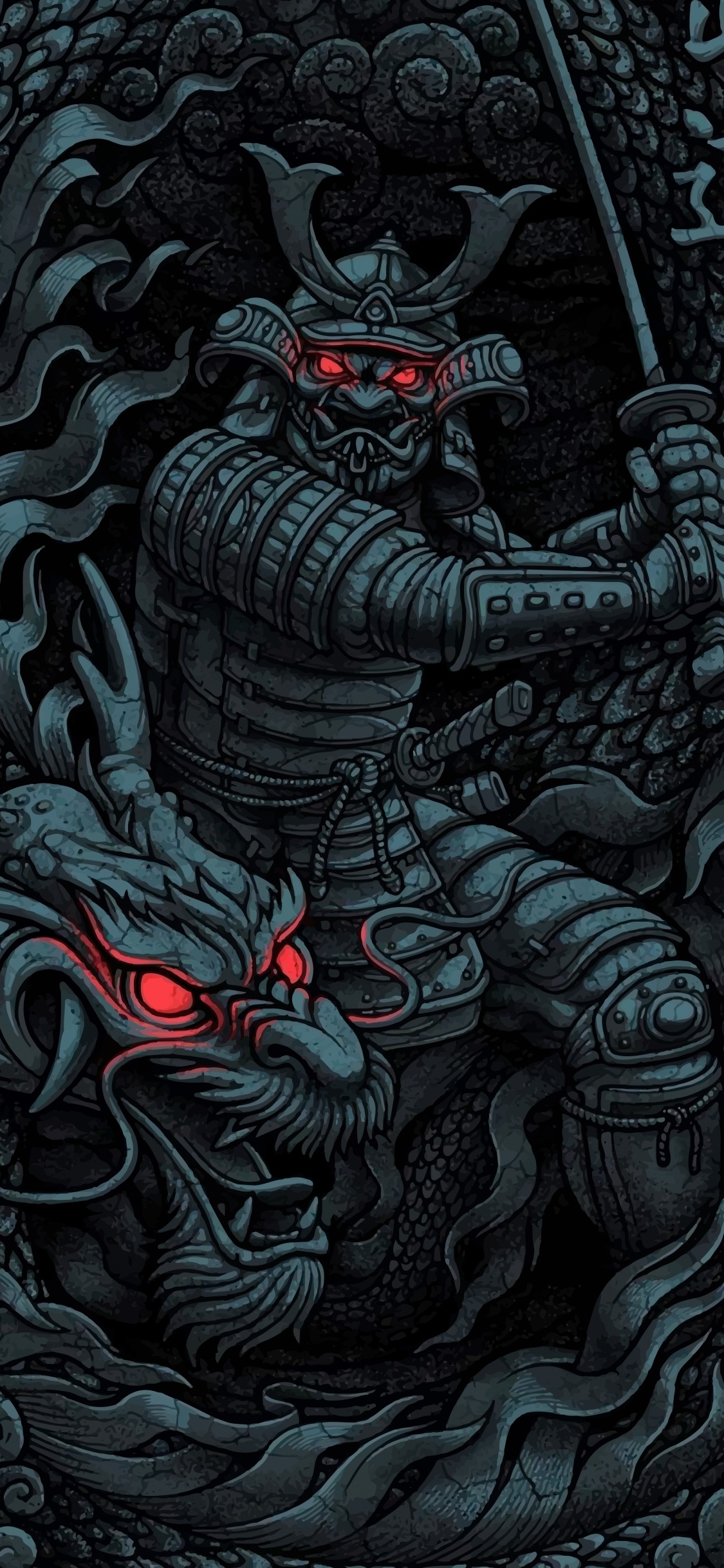 Обои японский самурай, Самурай, японское искусство, Они, арт в разрешении 1125x2436