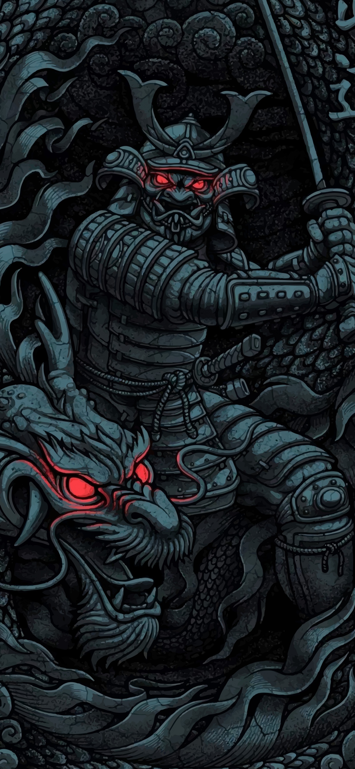 Обои японский самурай, Самурай, японское искусство, Они, арт в разрешении 1242x2688