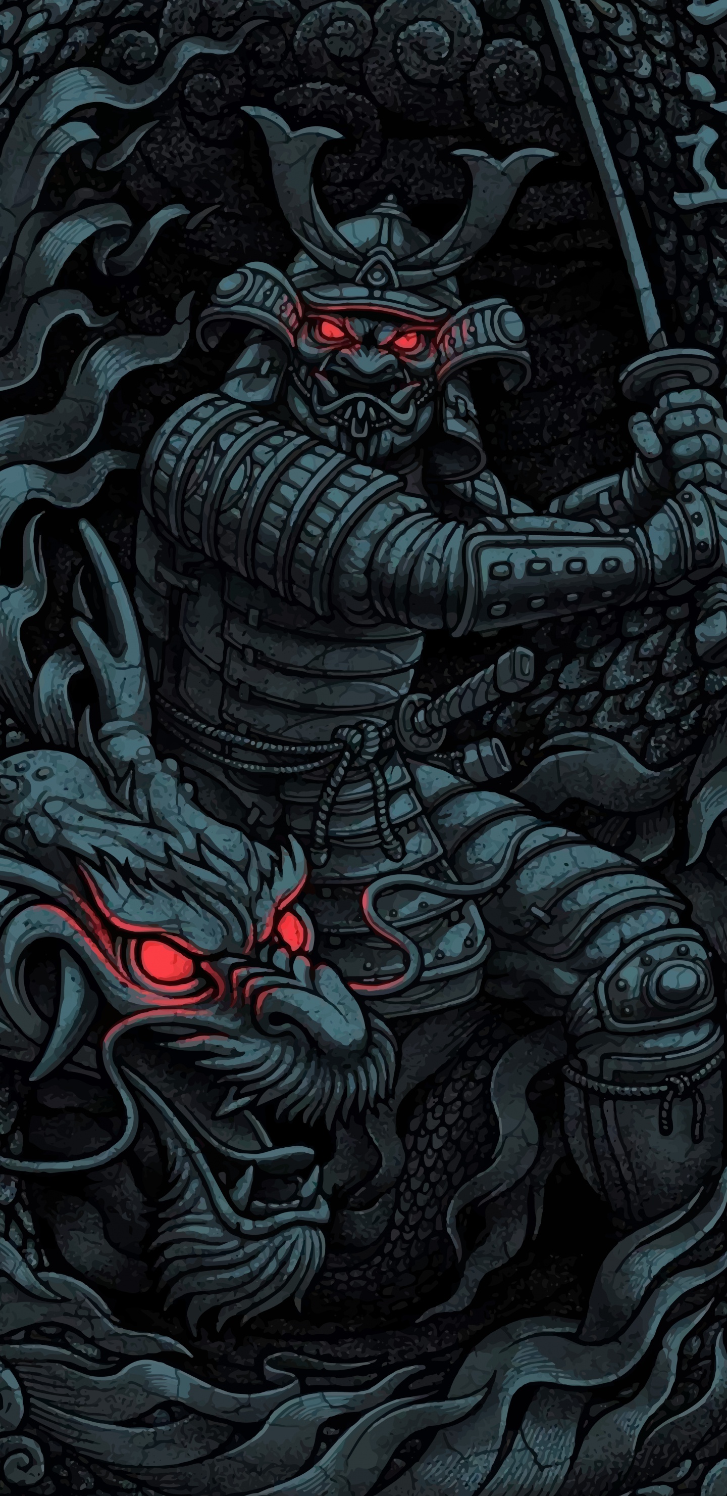 Обои японский самурай, Самурай, японское искусство, Они, арт в разрешении 1440x2960