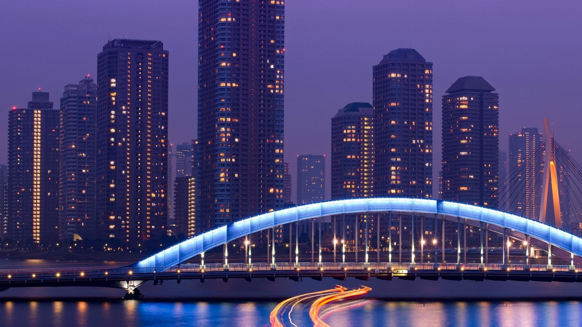 Обои Токио, мост, ночь, городской пейзаж, город в разрешении 1920x1080