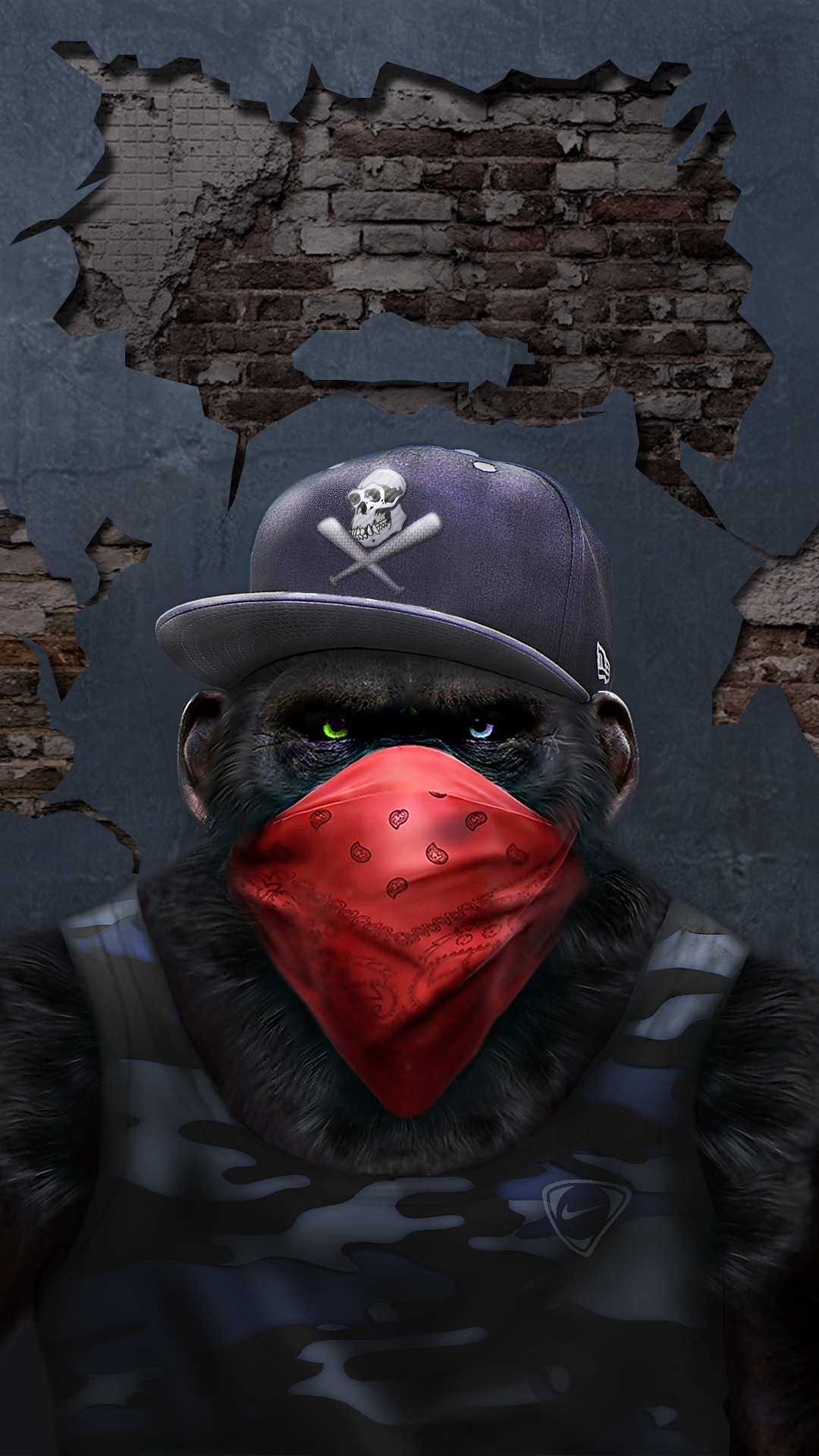 Обои обезьяна с банданой, постер, живопись, арт, холст в разрешении 1080x1920