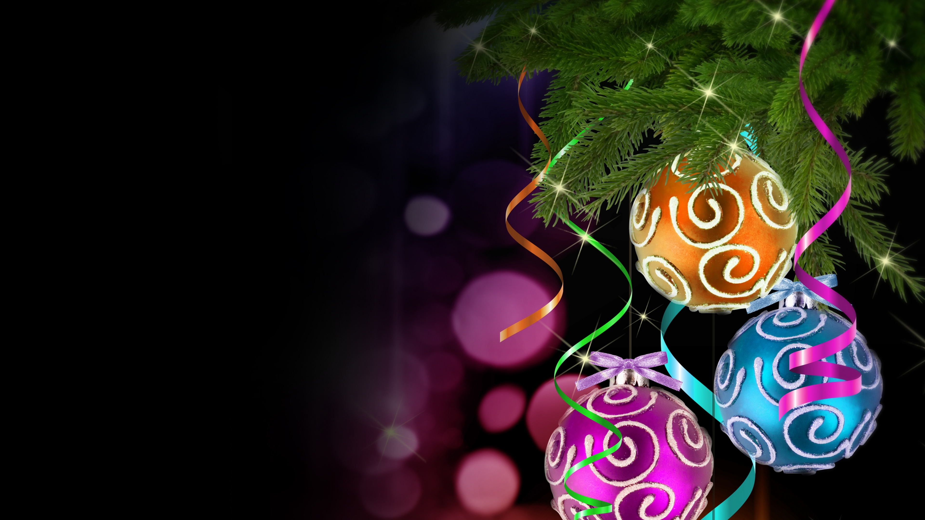 Обои Рождественский день, рождественский орнамент, свет, розовый, пурпур в разрешении 3840x2160