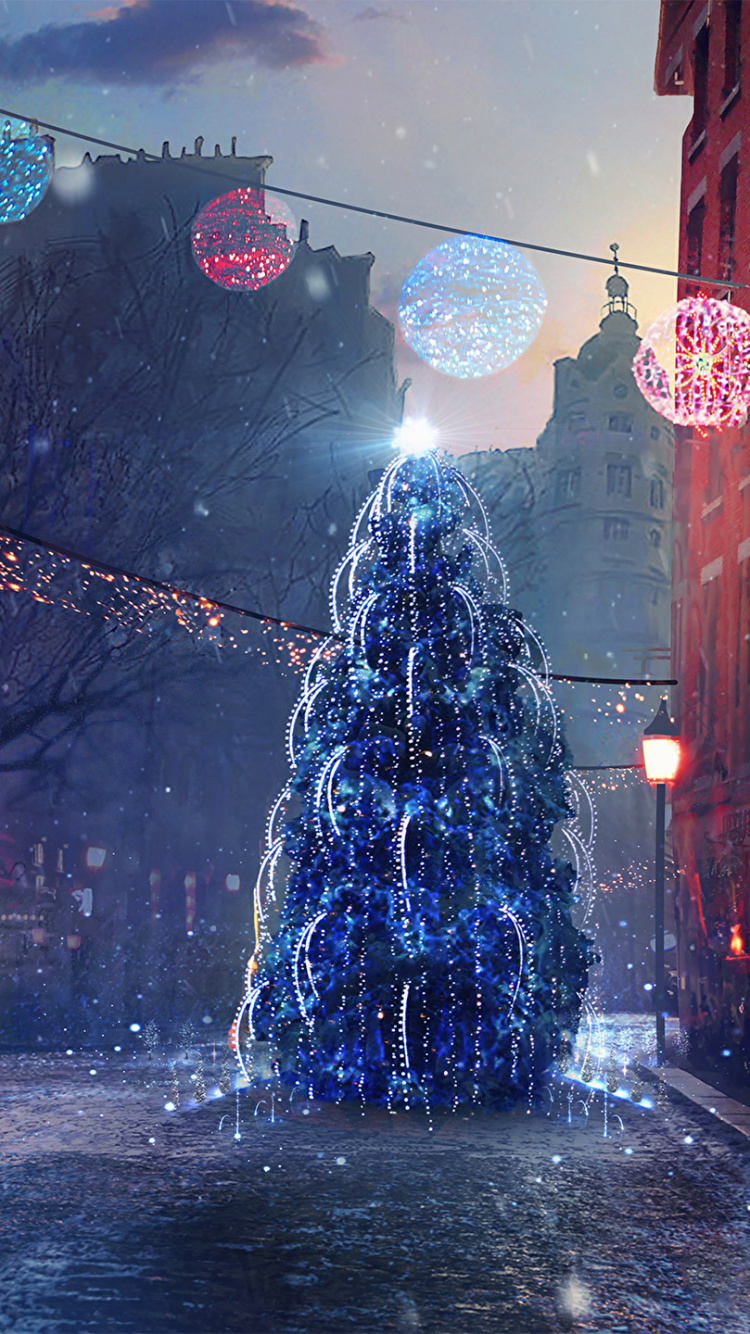 Обои Рождественский день, свет, улица, городской район, город в разрешении 750x1334