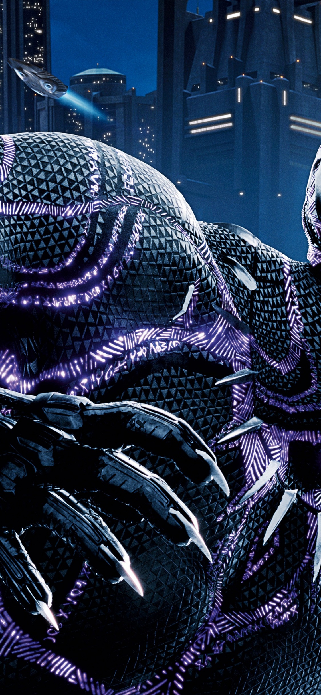 Обои Черная пантера, Ваканда, пурпур, город, метрополия в разрешении 1125x2436