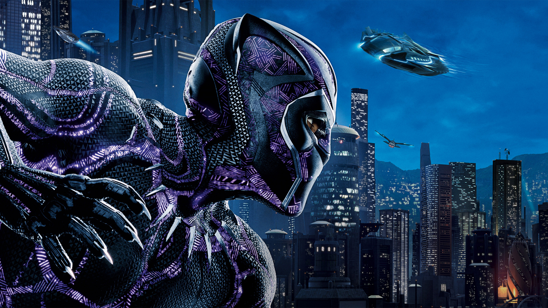 Обои Черная пантера, Ваканда, пурпур, город, метрополия в разрешении 1920x1080