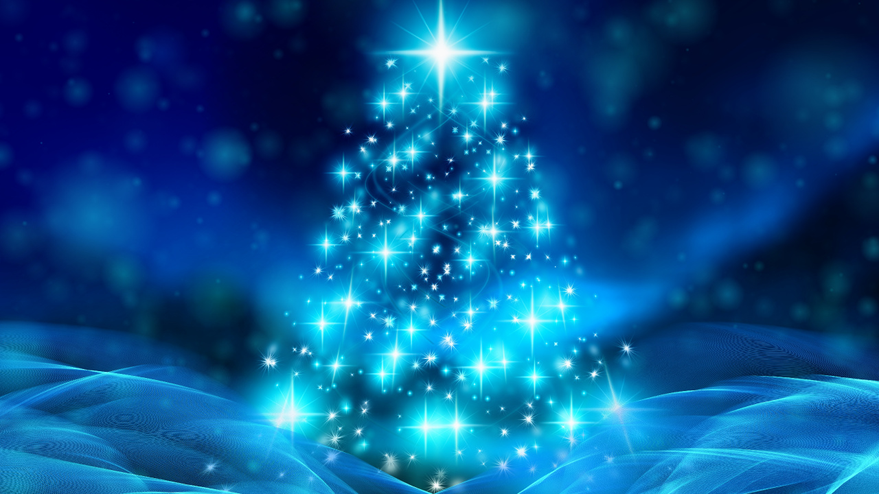 Обои Рождественский день, елка, Рождественские украшения, синий, дерево в разрешении 1280x720
