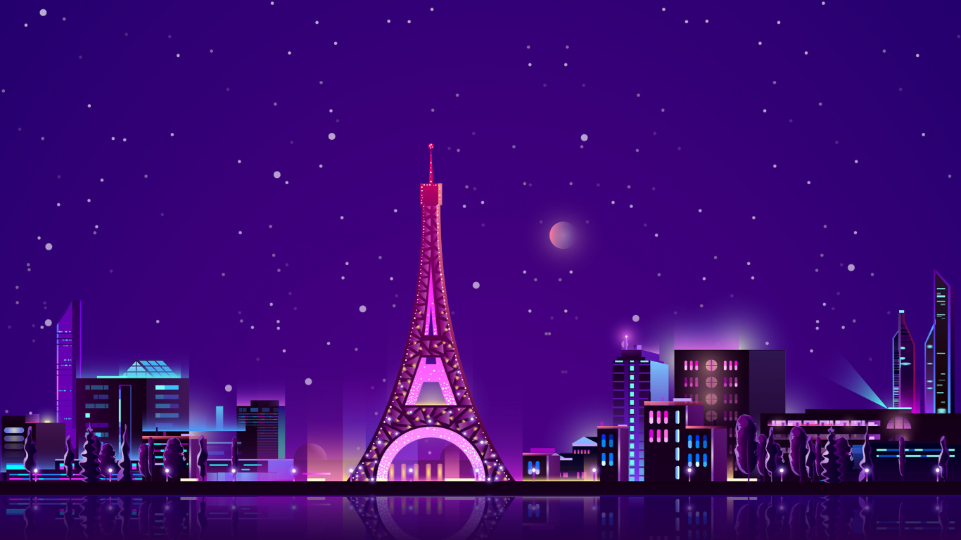 Обои город, Эйфелева башня, Киберпанк, Ретровейв, векторная графика в разрешении 1366x768