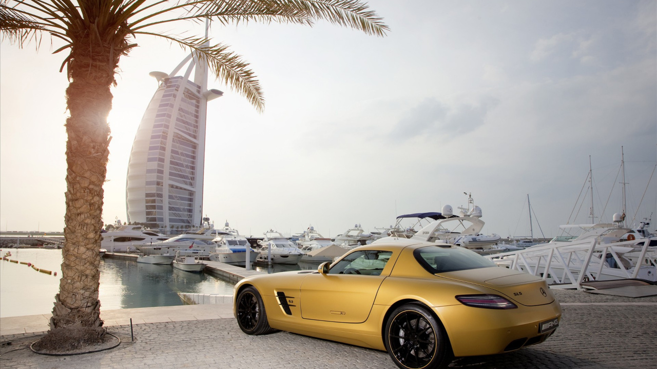 Обои Бурдж Аль араб, Бурдж Халифа, авто, спорткар, желтый в разрешении 1280x720