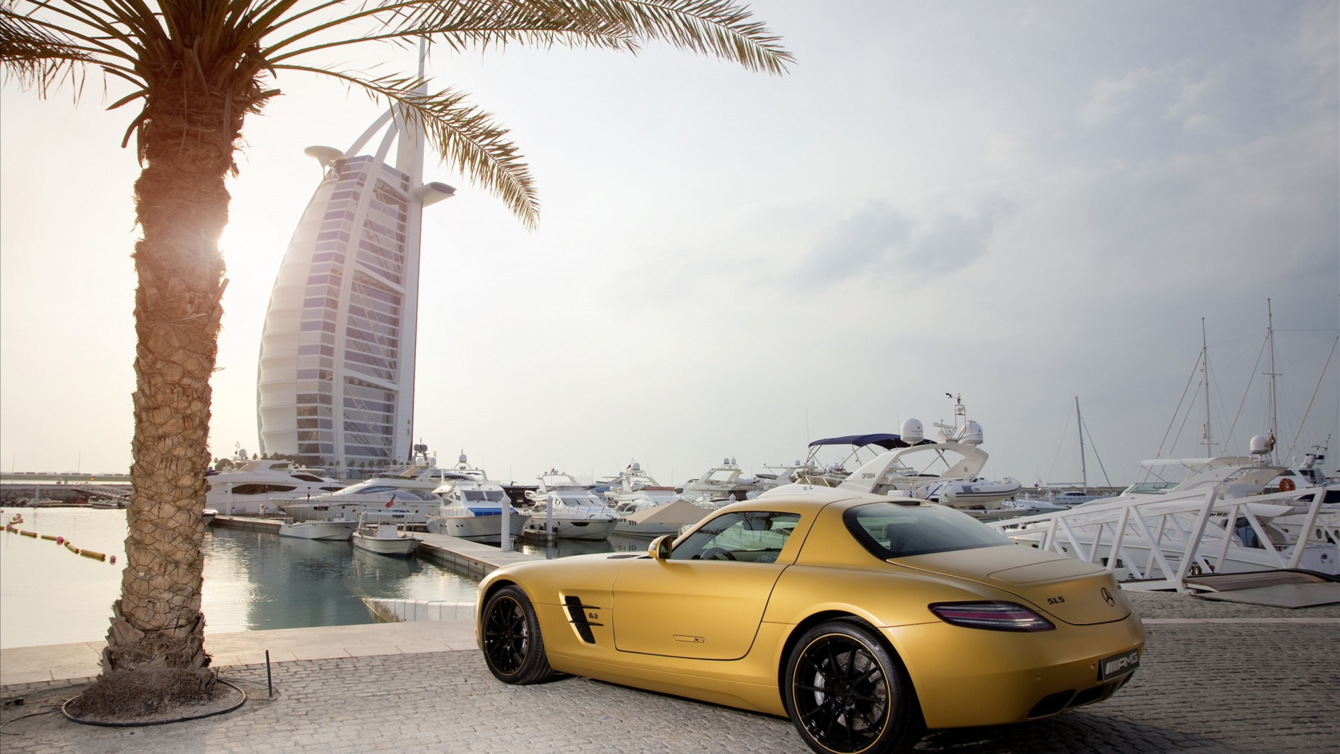 Обои Бурдж Аль араб, Бурдж Халифа, авто, спорткар, желтый в разрешении 1920x1080